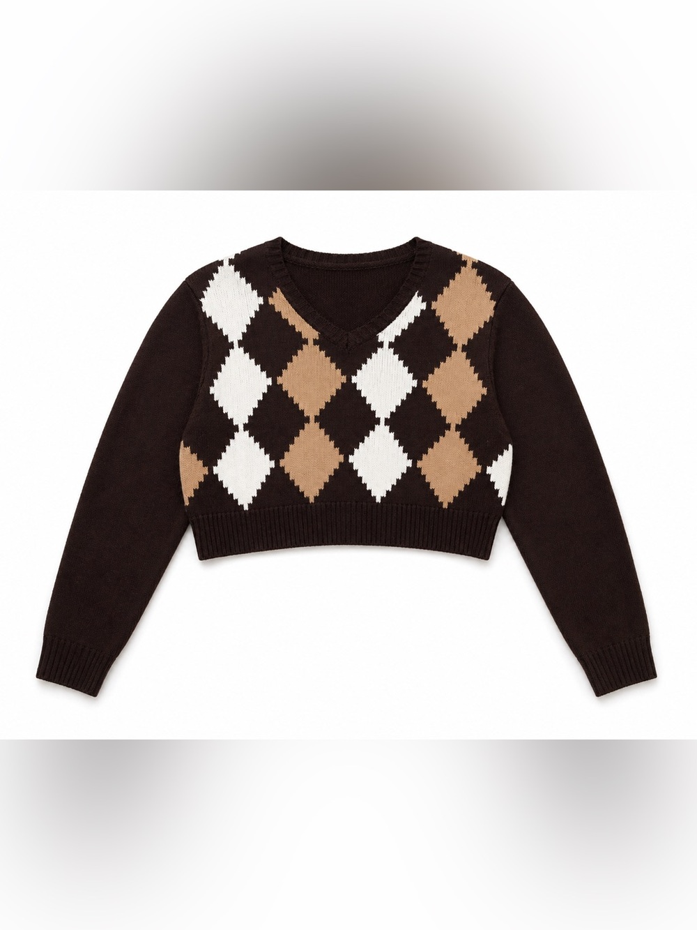 Cropped Argyle V-Neck Sweater in Brown, Cream